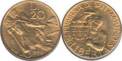 moneta San Marino 20 lire 1994
