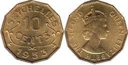 coin Seychelles 10 cents 1953