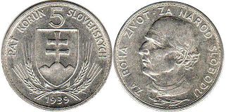 mince Slovensko 5 korun 1939