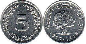 coin Tunisia Tunisia 5 millim 1997