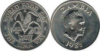 coin Zambia 20 ngwee 1981 FAO