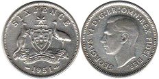 coin Australia 6 pence 1951
