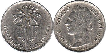 coin Belgian Congo 1 franc 1925