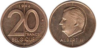 pièce Belgique 20 francs 1996