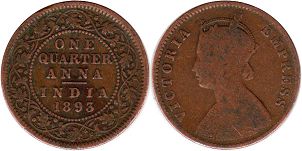 coin British India 1/4 anna 1893 Victoria queen