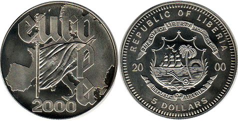 coin Liberia 5 dollars 2000