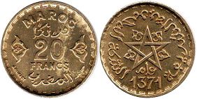 coin Morocco 20 francs 1951