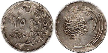 moneda Turkey 25 kurush 1928