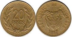 moneda Colombia 20 pesos 1992
