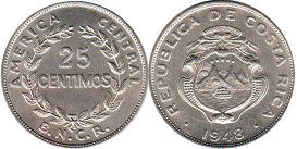 moneda Costa Rica 25 centimos 1948