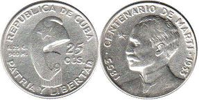coin Cuba 25 centavos 1953