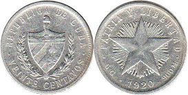 moneda Cuba 20 centavos 1920