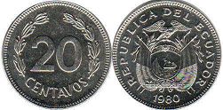 moneda Ecuador 20 centavos 1980