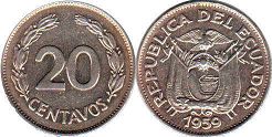 moneda Ecuador 20 centavos 1959