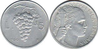 moneta Italy 5 lire 1950