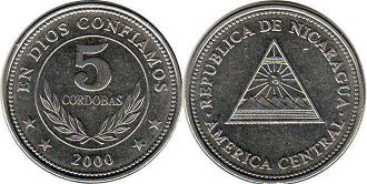 moneda Nicaragua 5 cordobas 2000