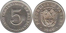 moneda Panamá 5 centésimos 1966 antigua