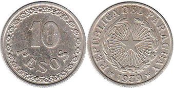 moneda Paraguay 10 pesos 1939