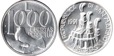 moneta San Marino 1000 lire 1991