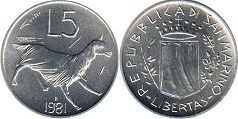 moneta San Marino 5 lire 1981