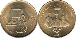 moneta San Marino 20 lire 1986