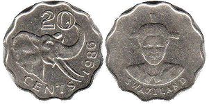 coin Swaziland 20 cents 1986