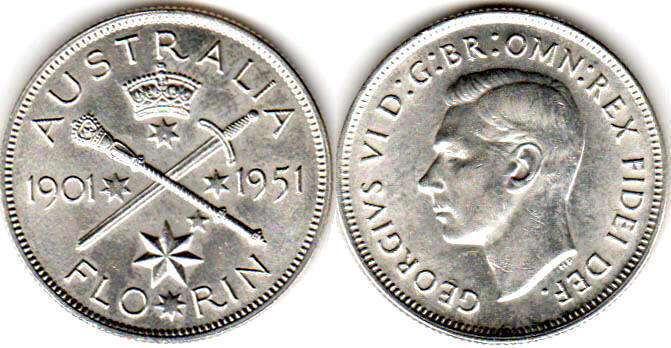 australian silver commemmorative coin 1 florin 1951