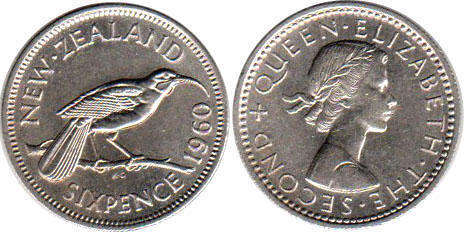 coin New Zealand 6 pence 1960