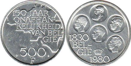 pièce Belgique 500 francs 1980
