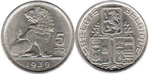 coin Belgium 5 francs 1939