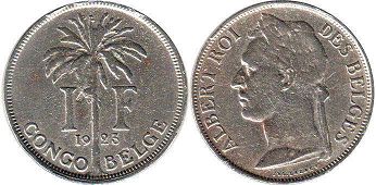 coin Belgian Congo 1 franc 1923