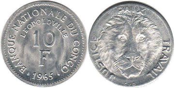 coin Congo 10 francs 1965