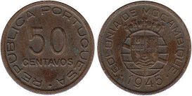 piece Mozambique 50 centavos 1945
