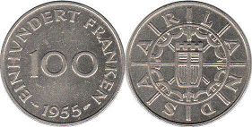 Münze Saarland 100frank 1955