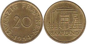 coin Saarland 20franc 1954