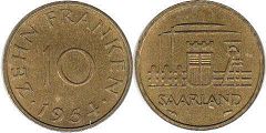 coin Saarland 10franc 1954