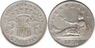 moneda España 2 pesetas 1870