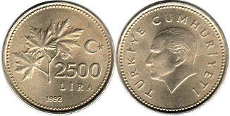 moneda Turkey 2500 lira 1991