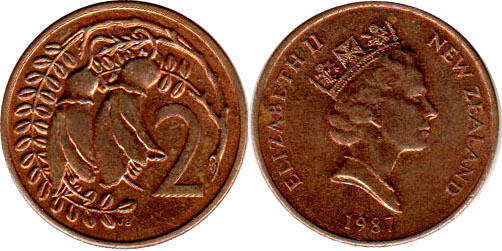 coin New Zealand 2 cents 1987