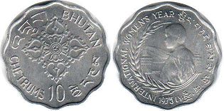 coin Bhutan 10 chertums 1975
