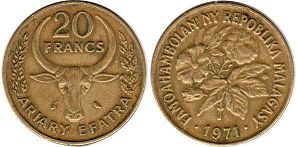 coin Madagascar 20 francs 1971