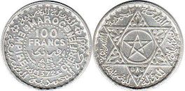 piece Morocco 100 francs 1953
