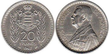 coin Monaco 20 francs 1947