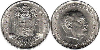 moneda España 5 pesetas 1949 (1950)