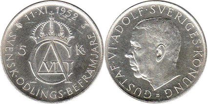coin Sweden 5 kronor 1952