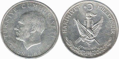 moneda Turquía 10 lira 1960 Revolución del 27 de mayo