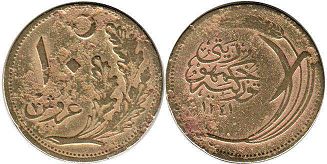 moneda Turkey 10 kurush 1922