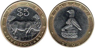 coin Zimbabwe 5 dollars 2002