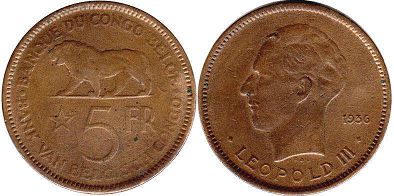 coin Belgian Congo 5 francs 1936