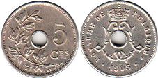 pièce Belgique 5 centimes 1905